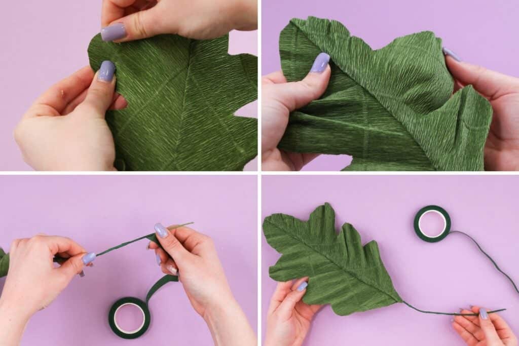 Shaping leaf and wrapping floral tape around wire